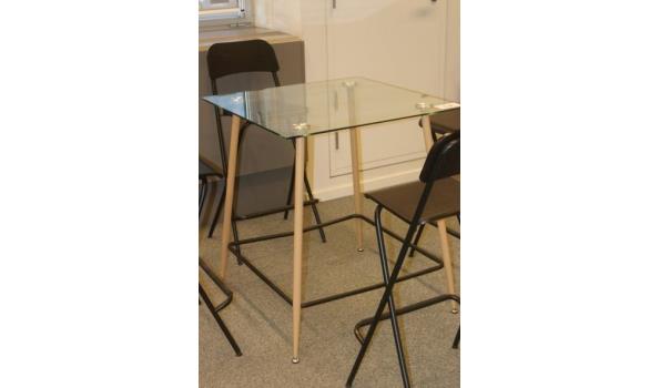 hoge tafel vv glazenblad en 4 hoge stoelen